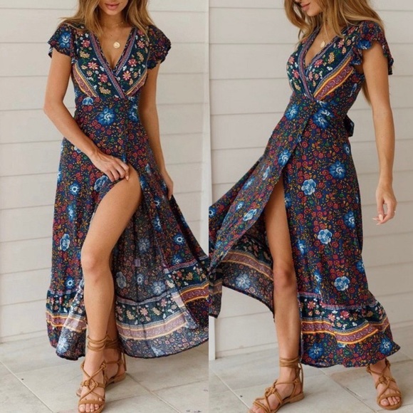 Navy Boho Floral Maxi Dress | Boutique - Picture 3 of 8